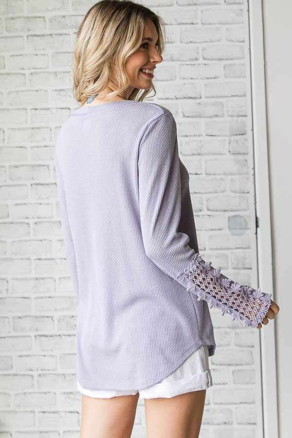Casual Waffle Knit Lace Embroidered Sleeve Pullover TopT4578