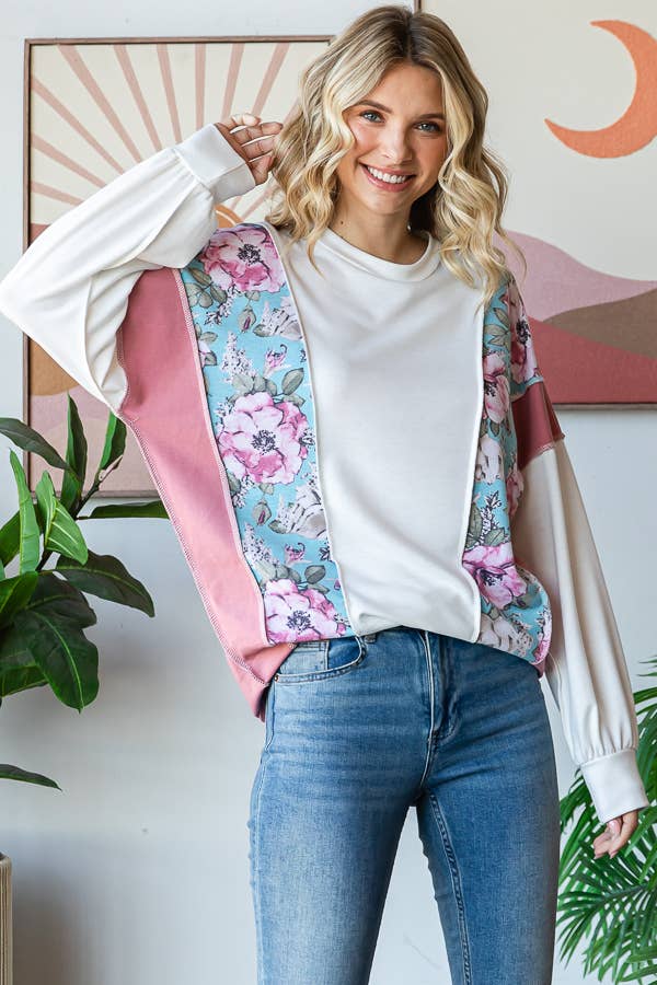 Floral Color Block Patchwork Long Sleeve Pullover Top T5830