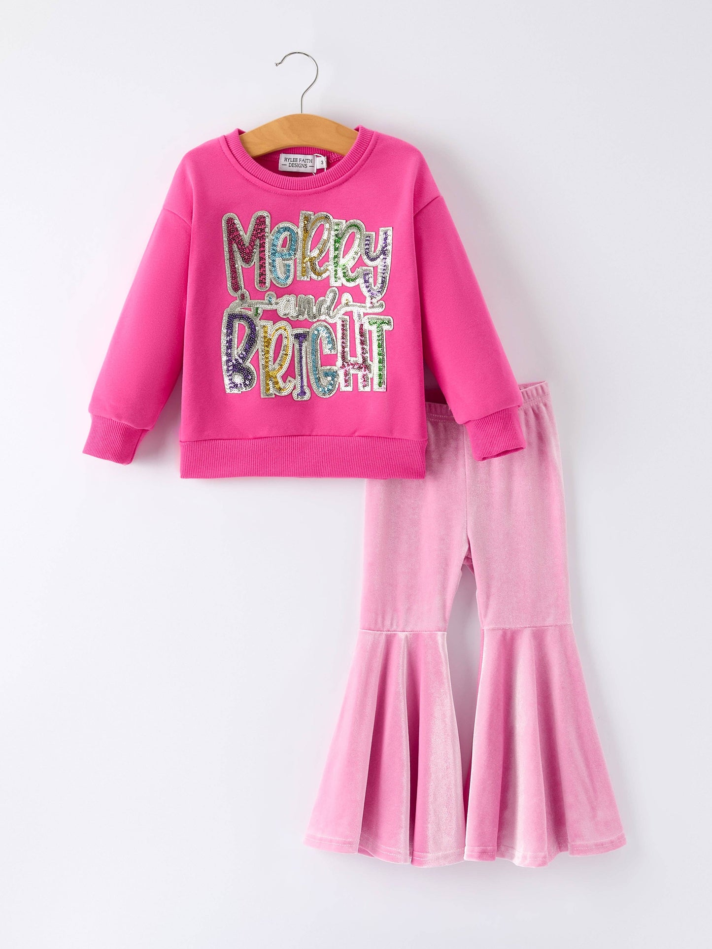 Toddler Girls Christmas Outfit – Pink Merry Bright Top and Bell Pants