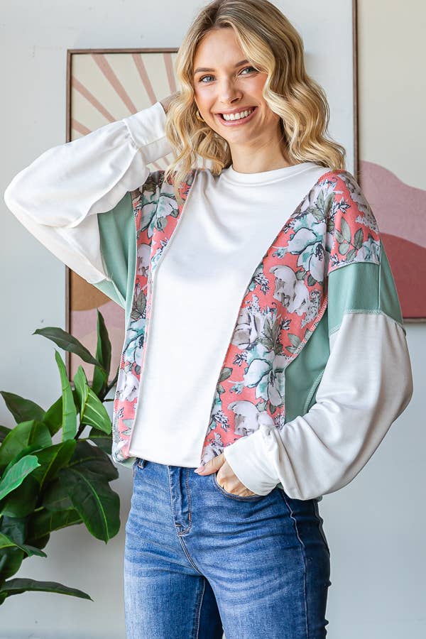 Floral Color Block Patchwork Long Sleeve Pullover Top T5830