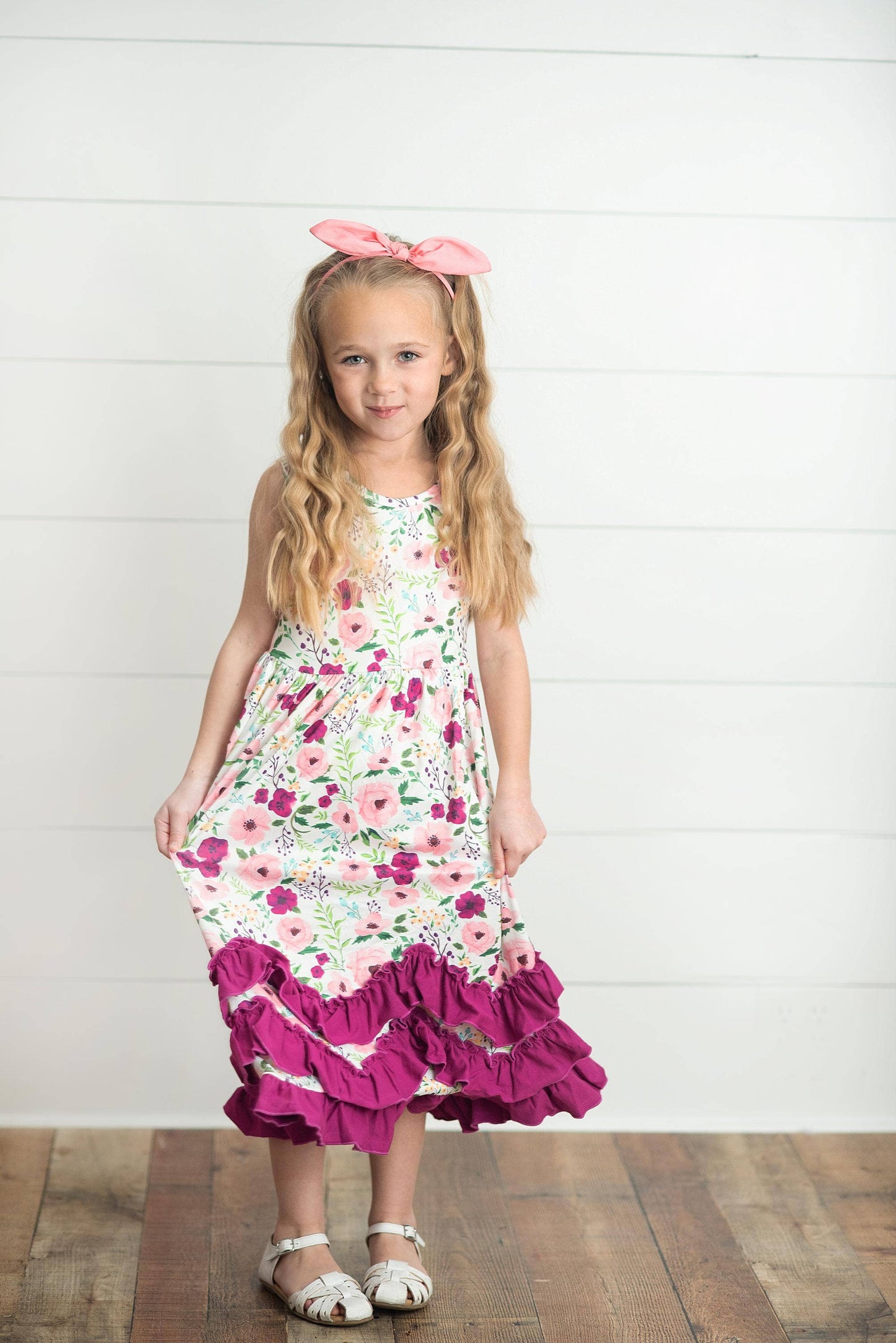 Kids Plum Floral 3 Ruffle Summer Dress