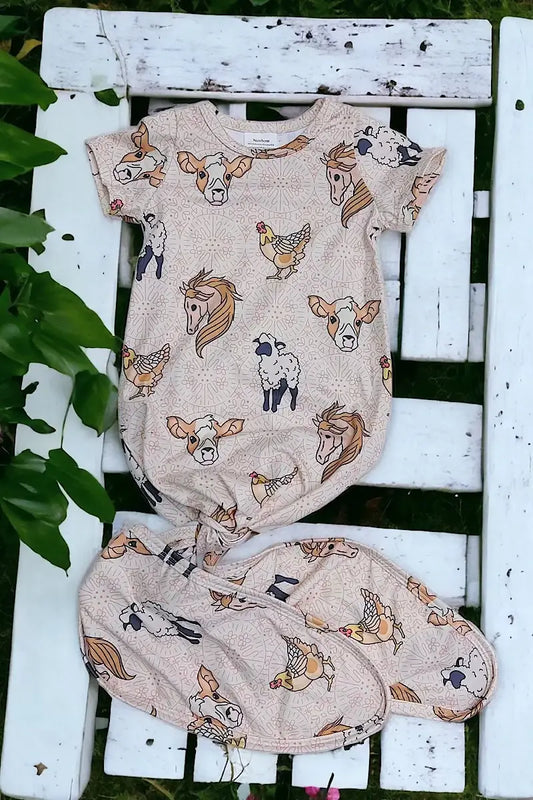 HORSE, CHICKEN, SHEEP & COW PRINTED BABY GOWN.