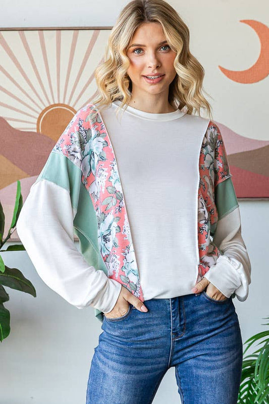 Floral Color Block Patchwork Long Sleeve Pullover Top T5830