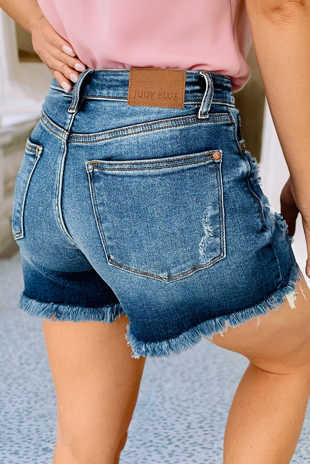 LDC Asymmetric Raw Hem Distressed Whiskery Denim Shorts