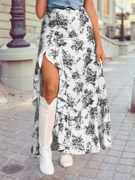 Boho Floral High Waist Ruffle Split Maxi Skirt