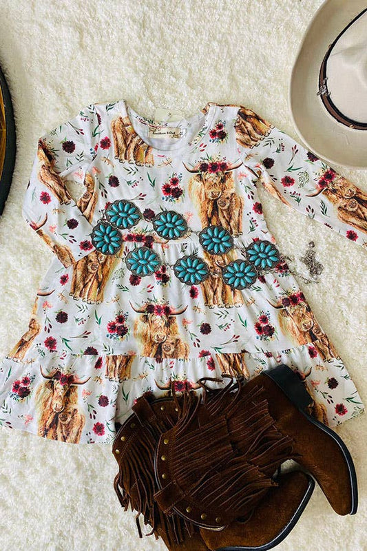 Cow & flower printed long sleeve girl dress XCH0555-20H