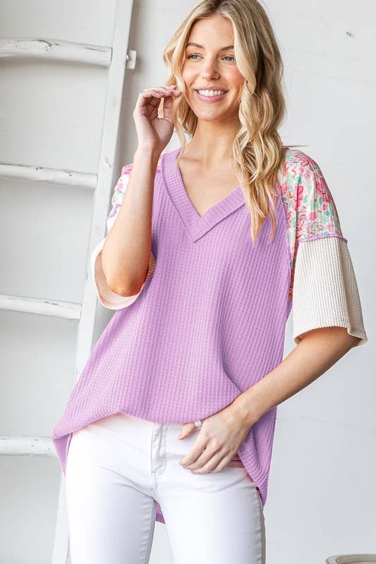 ET7877-10 SHORT SLEEVE SOLID AND FLORAL TOP