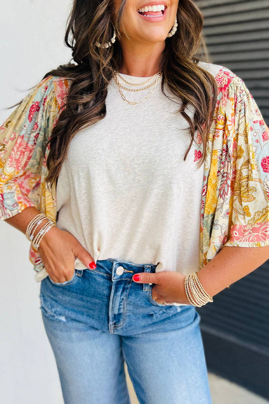 Floral Patchwork Batwing Sleeve Summer Blouse