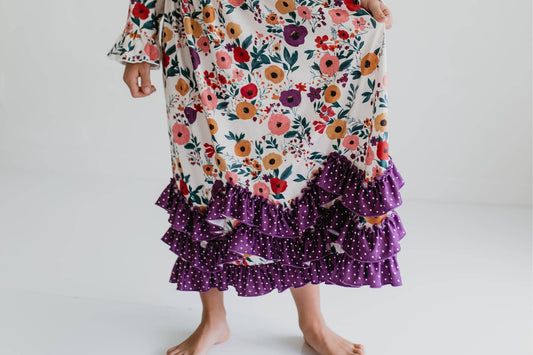 Girls Purple Dot & Winter Floral Long Sleeve 3 Ruffle Dress