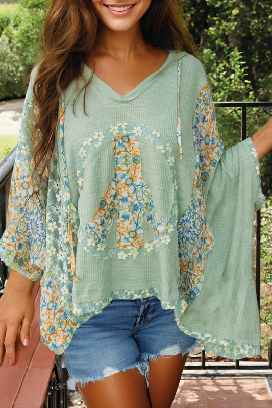 Ribbed Lace Floral Patchwork V Neck Batwing Sleeve Blouse: Green / L