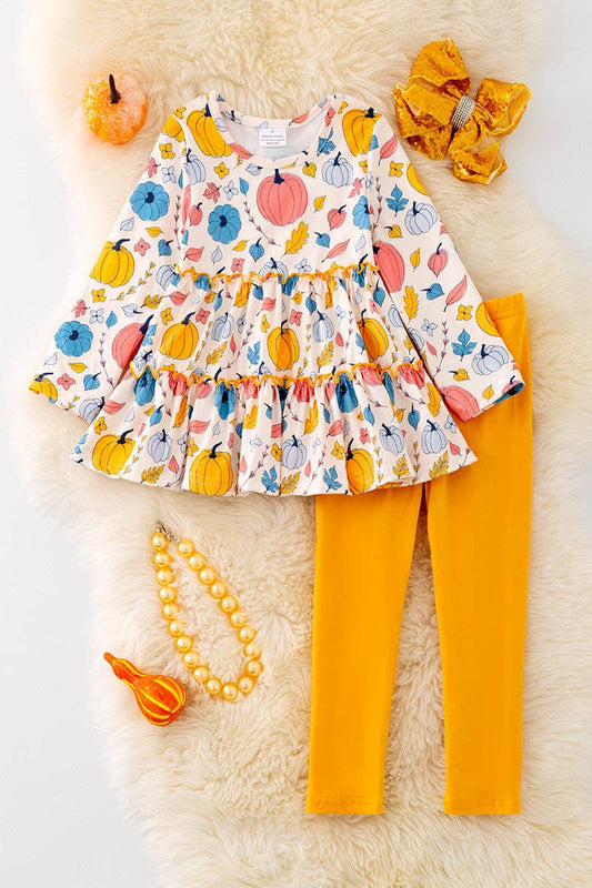Pumpkin printed ruffle tunic & mustard leggings. OFG42046 SOL