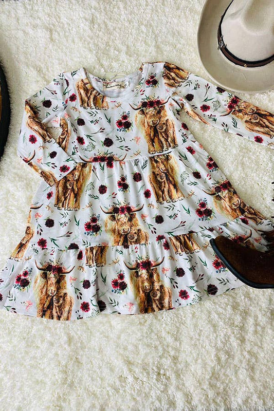 Cow & flower printed long sleeve girl dress XCH0555-20H