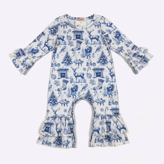 Blue Christmas Toile Baby Romper