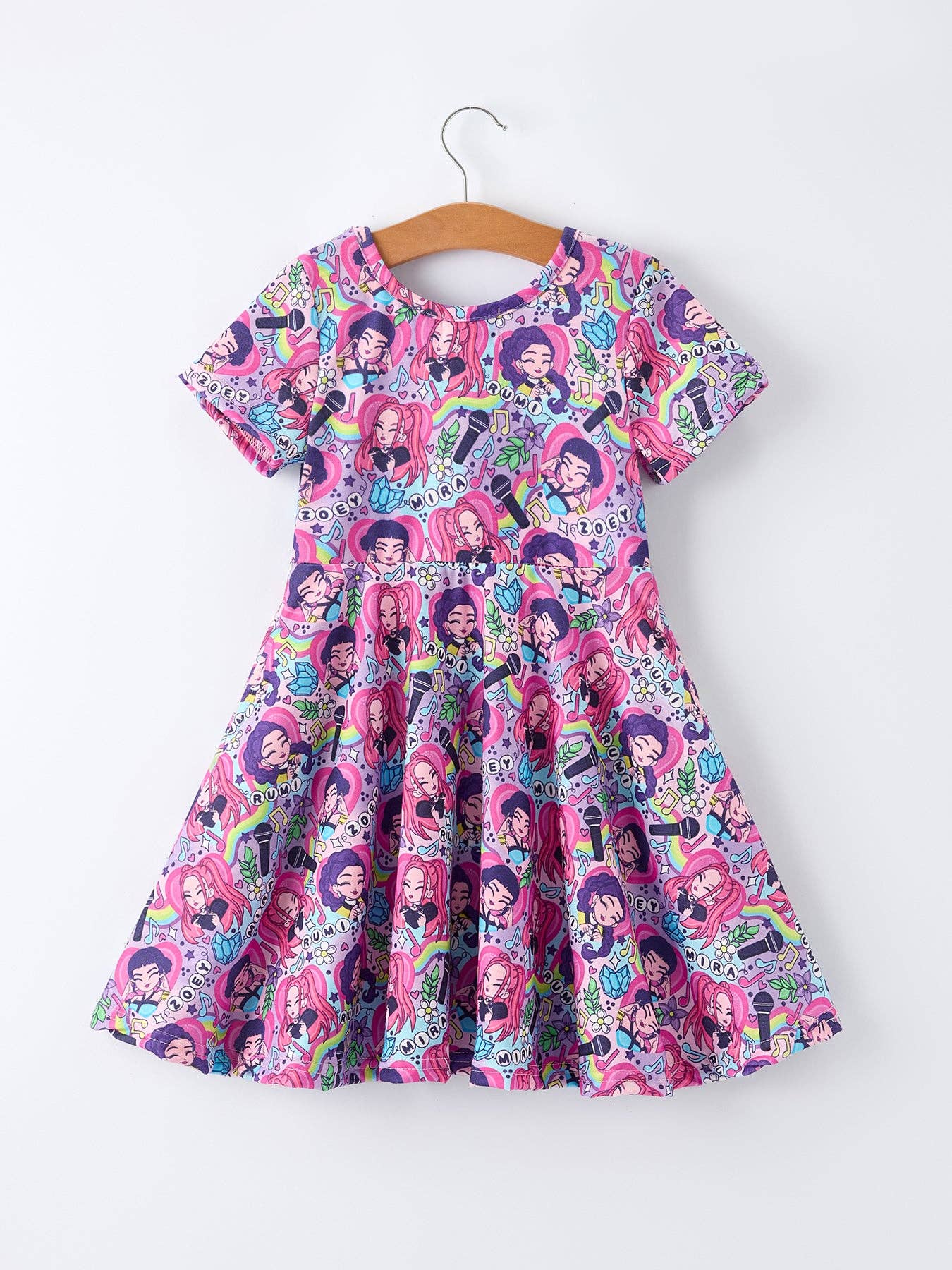 Purple Music Print Short Sleeve Girls Dress