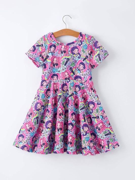 Purple Music Print Short Sleeve Girls Dress