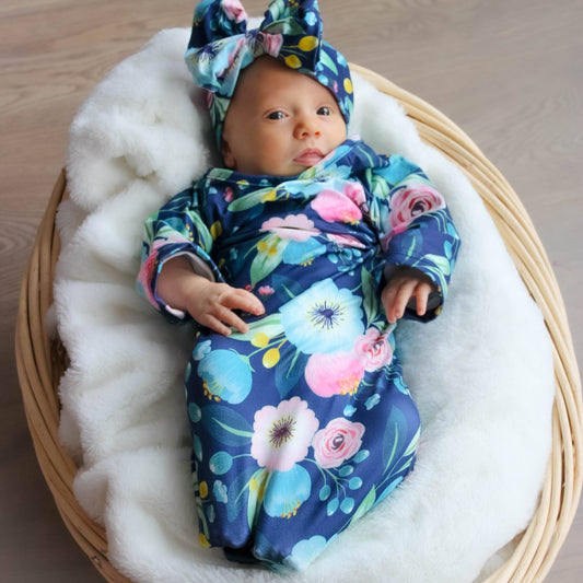 Infant Girls Navy Floral Baby Gown and Bow Headband