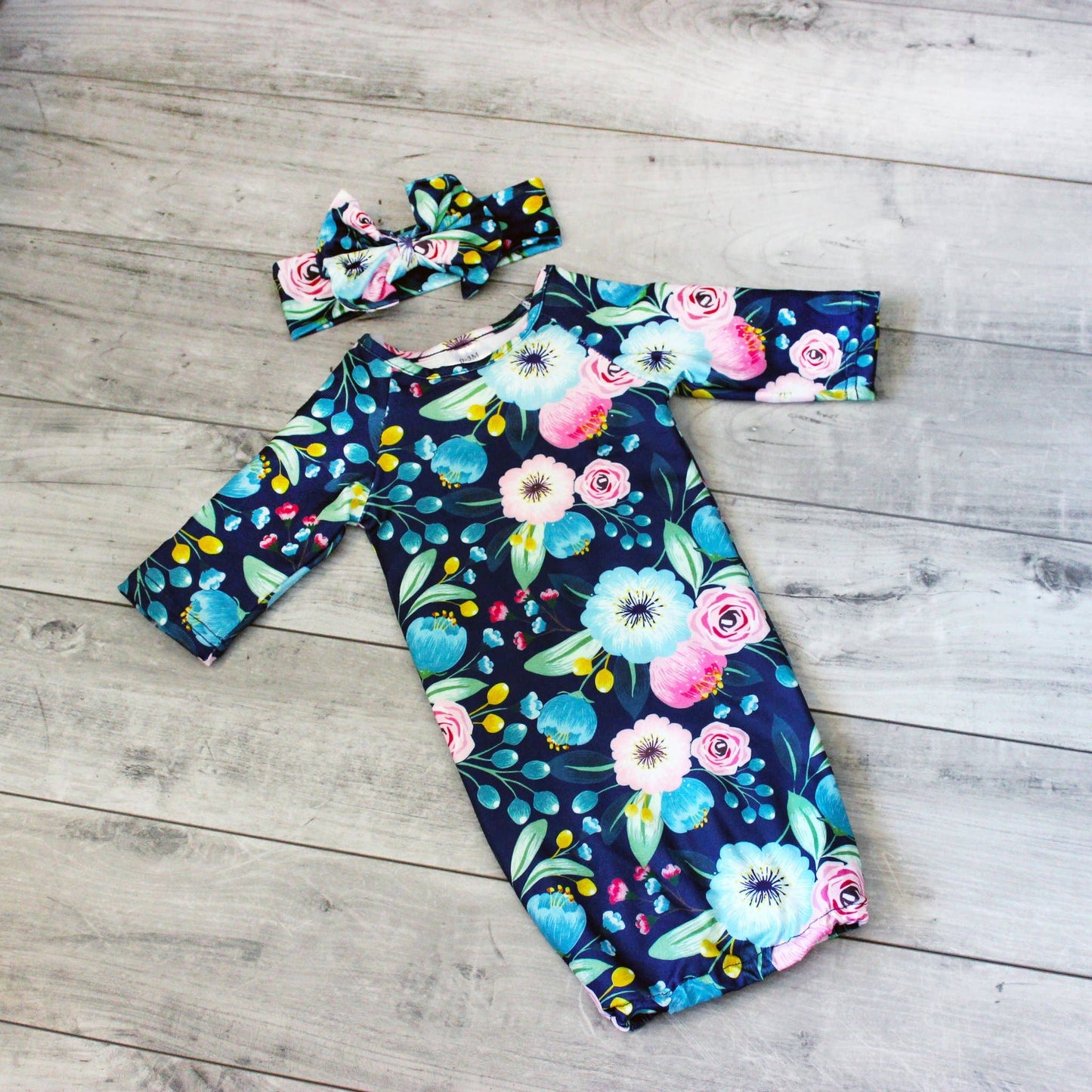 Infant Girls Navy Floral Baby Gown and Bow Headband