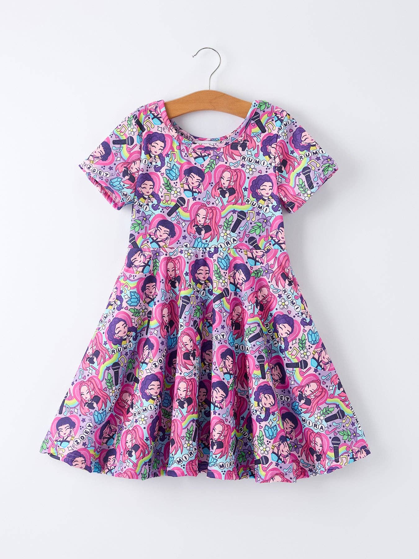 Purple Music Print Short Sleeve Girls Dress