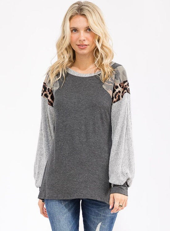 Gray Cheetah Color Block Top