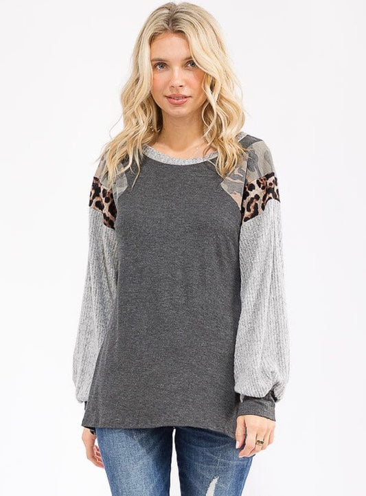 Gray Cheetah Color Block Top