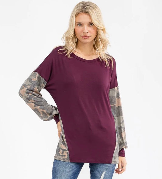 Plum Camo Color Block Top