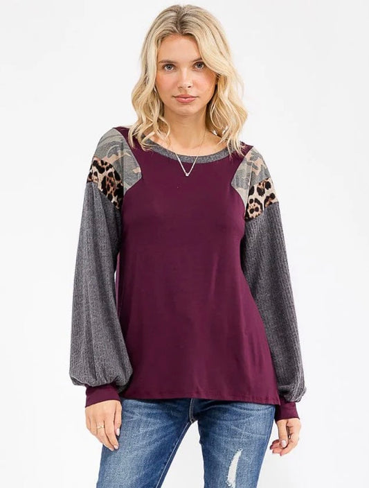 Plum Gray Cheetah Color Block Top