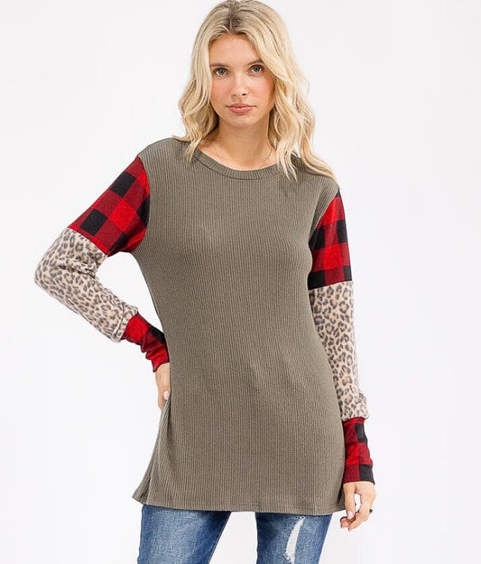 Soft Sage and Red Buffalo Plaid Top