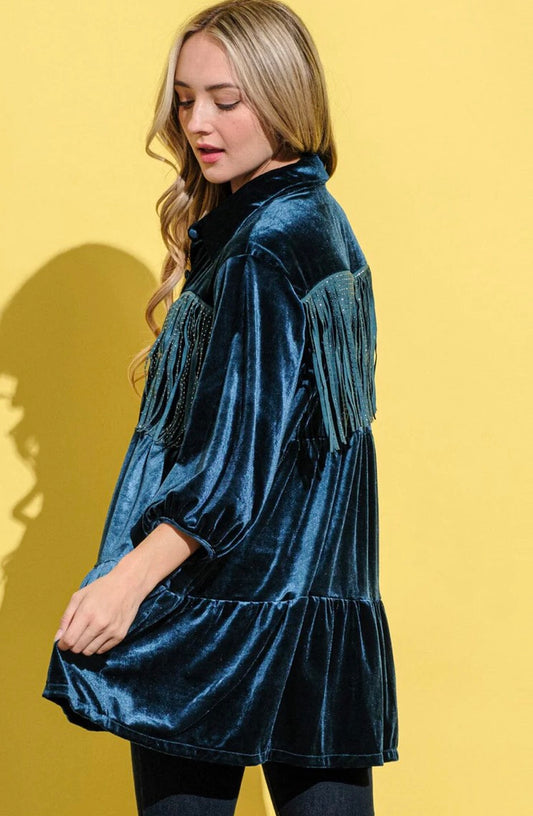 Teal Velvet Fringe Tunic