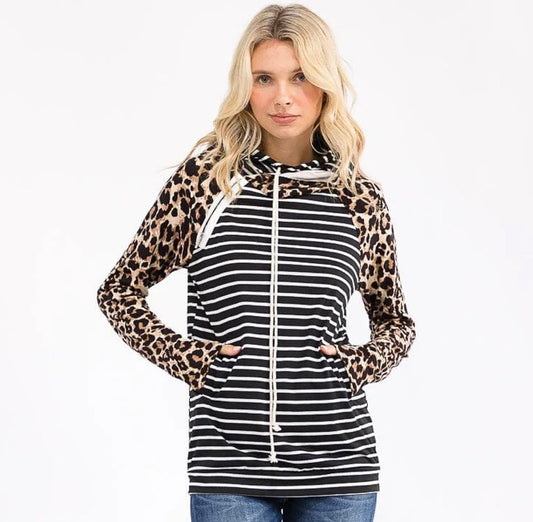 Black Stripe Cheetah Hoodie Top