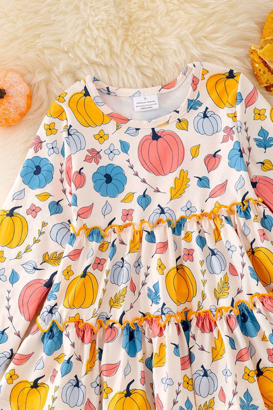 Pumpkin printed ruffle tunic & mustard leggings. OFG42046 SOL