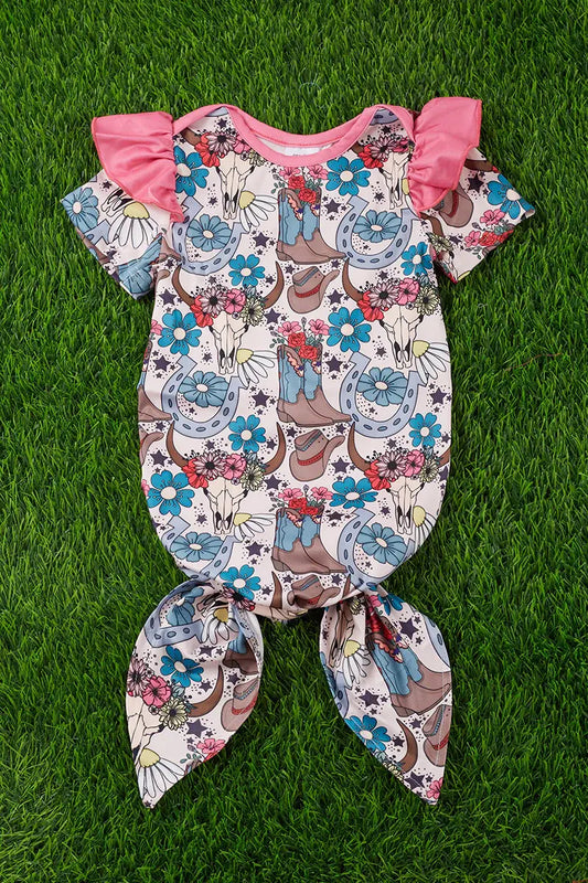 FLORAL, COW SKULL * COWGIRL BOOT PRINTED BABY GOWN.