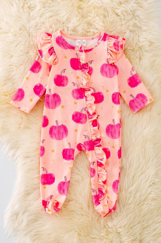 Hot pink Pumpkin printed baby onesie w/ruffle trim. RPG40556 SOL
