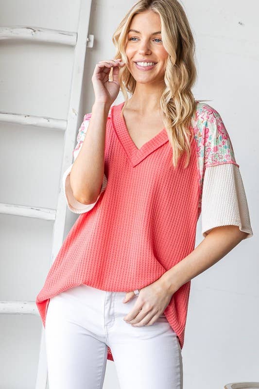 ET7877-10 SHORT SLEEVE SOLID AND FLORAL TOP