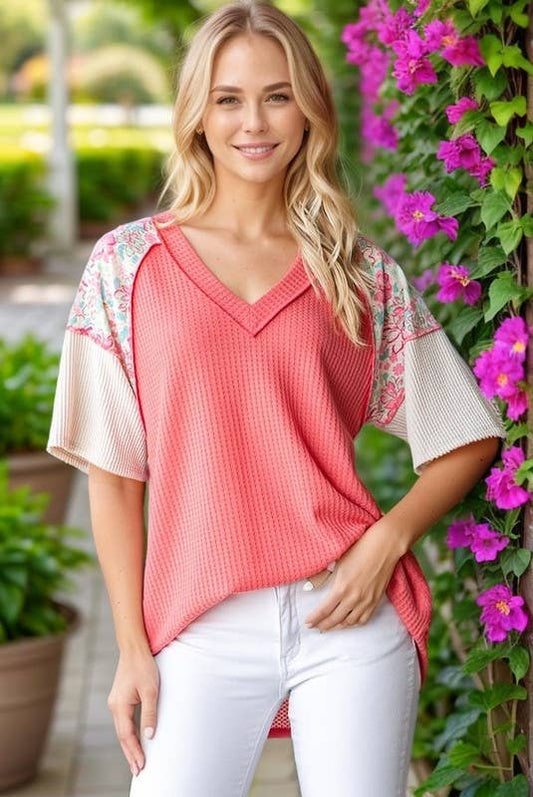 ET7877-10 SHORT SLEEVE SOLID AND FLORAL TOP