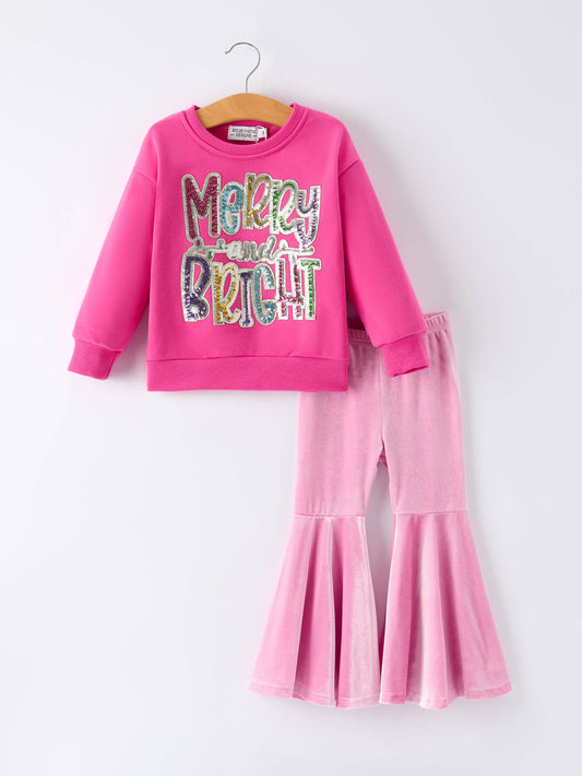 Toddler Girls Christmas Outfit – Pink Merry Bright Top and Bell Pants