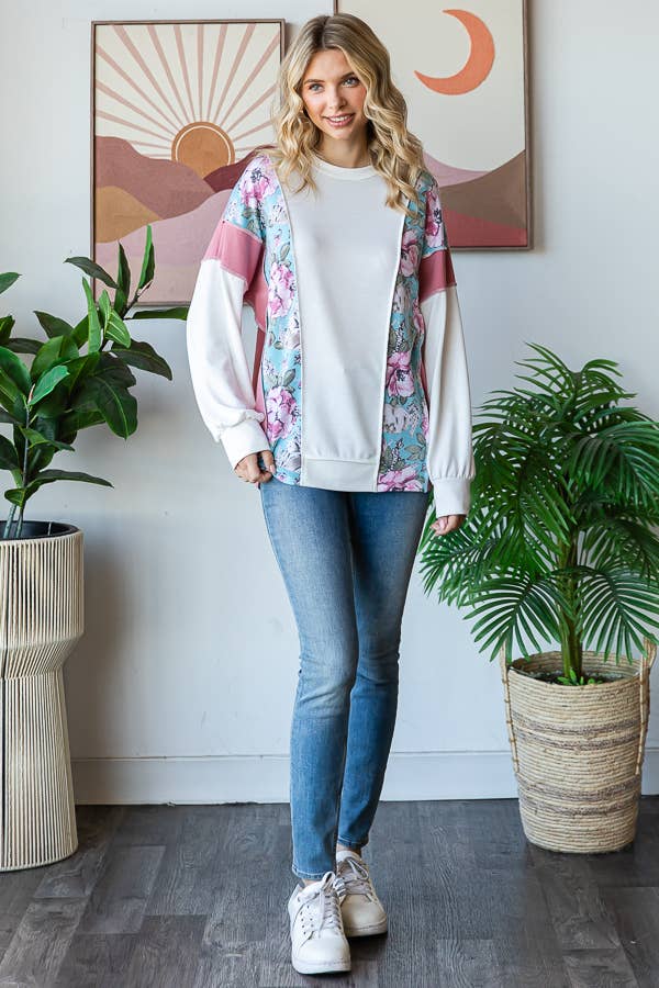 Floral Color Block Patchwork Long Sleeve Pullover Top T5830