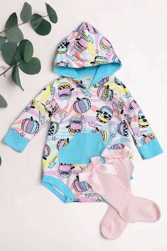 🍁MULTI-PRINTED PUMPKIN BABY ONESIE W/HOODIE. LR042602-WEN