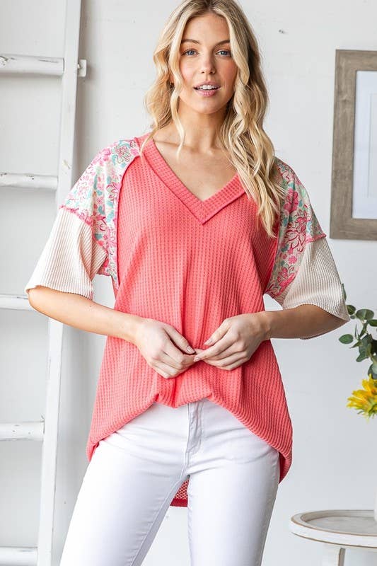 ET7877-10 SHORT SLEEVE SOLID AND FLORAL TOP
